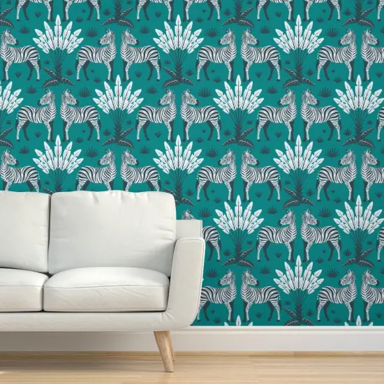 Pre-Pasted Wallpaper 2FT Wide Teal Nature Animal Zebra Africa Wildlife Savanna Large Scale Safari Feathers Damask Grassland Custom Pre-pasted Wallpaper by Spoonflower {5}