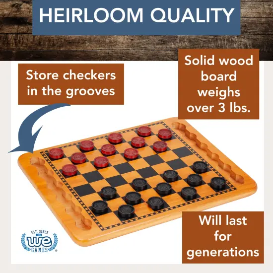 WE Games 14 in. Red and Black Solid Wood Checkers Set, Grooves in Board {4}