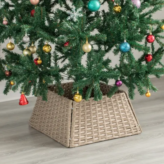 Foldable Christmas Tree Skirt Collar Basket, Ring Base Stand Cover, Rattan Plastic Gray {5}