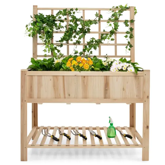 Raised Garden Bed Elevated Wooden Planter Box with Trellis {1}