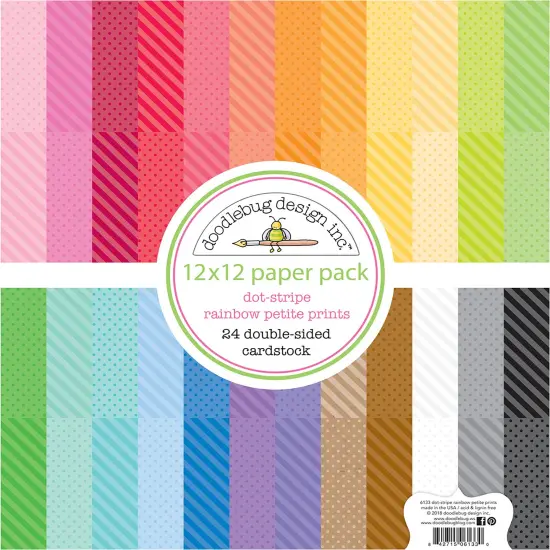 Doodlebug Petite Prints Double-Sided Cardstock 12"X12" 24/Pk-Dot-Stripe Rainbow, 24 Designs/1 Each {1}