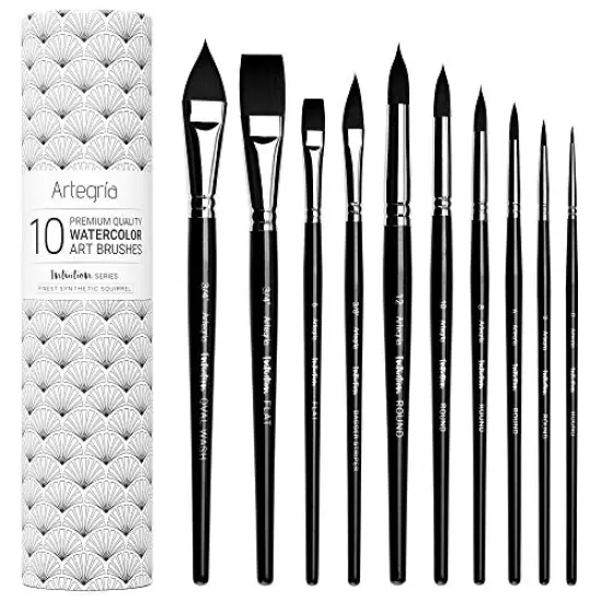 Watercolor Brush Set - 10 Professional Watercolor Paint Brushes for Artists - Soft Synthetic Squirrel Hair, Short Handles: Pointed Rounds, Flats, Dagger, Oval Wash for Water Color, Gouache {2}