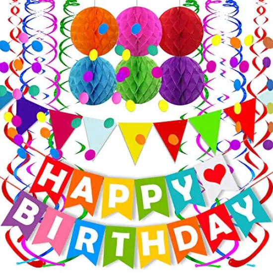 Colorful Happy Birthday Banner with Paper Triangle Flags, Bunting, Circle Confetti Dots, Hanging Garland, Honeycomb Balls, and Swirl Streamers for Birthday and Baby Shower Party Decorations {2}
