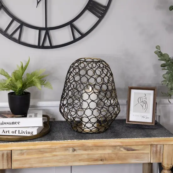 Northlight Large Geometric Cage Iron Pillar Candle Holder - 14.25" - Black and Gold {3}