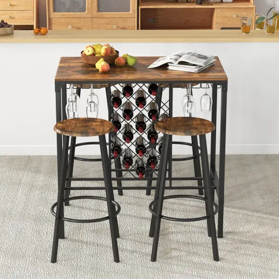 5 Pieces Bar Table and Stools Set with Wine Rack and Glass Holder-Rustic Brown {1}