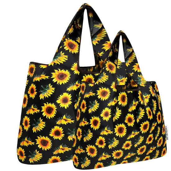 Wrapables Large & Small Foldable Tote Nylon Reusable Grocery Bags, Set of 2, Sunflowers {1}