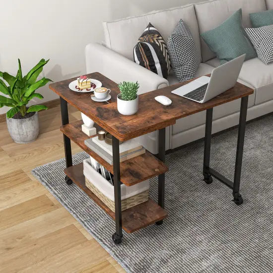 Rotating Sofa Side Table with Wheels Sliding Laptop Desk with Storage Shelves for Small Spaces Rustic Brown {2}