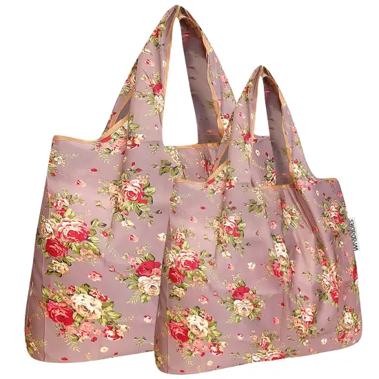 Wrapables Large & Small Foldable Tote Nylon Reusable Grocery Bags, Set of 2 Roses on Khaki {1}
