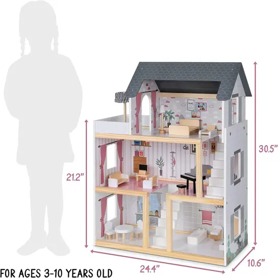 Lil Jumbl Kids 3-Floor Wooden Dollhouse with 2 Staircases and 17-Piece {4}