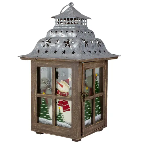 Northlight Rustic Wooden Snowman "Sweet Home" Pillar Candle Christmas Lantern - 16.5" Silver {4}