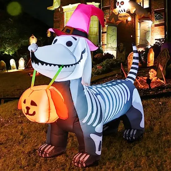 GOOSH 5Ft Halloween Inflatables Outdoor Decorations Skeleton Puppy Inflatable Yard Decoration with Build-in LEDs Blow Up Pumpkin for Halloween Party Indoor Outdoor Yard Garden {5}