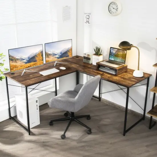 2-Person L-Shaped Long Reversible Computer Desk with Monitor Stand and Steel Frame Rustic Brown {2}