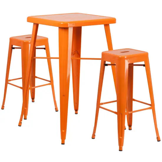 Emma and Oliver Commercial Grade 23.75" Square Metal Indoor-Outdoor Bar Set & 2 Backless Stools Orange {1}