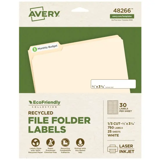 Avery EcoFriendly Recycled File Folder Labels, 2/3" x 3-7/16", White, Permanent Label Adhesive, 750 Printable Labels (48266) {1}
