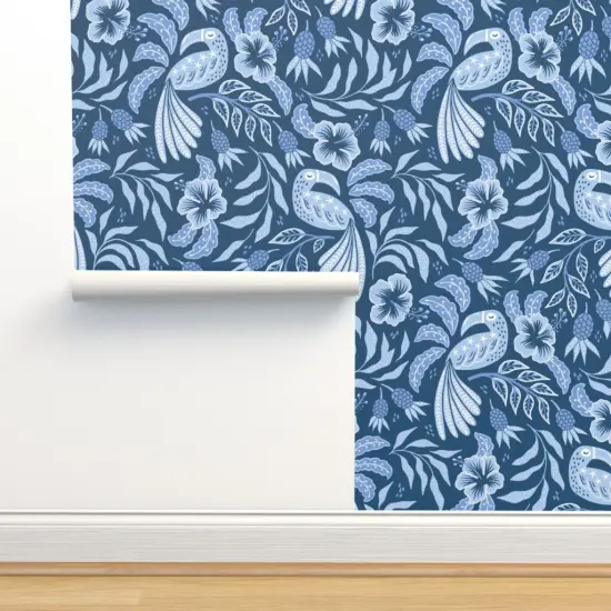 Pre-Pasted Wallpaper 2FT Wide Hibiscus Garden Tropical Toucan Pineapple Denim Blue Custom Pre-pasted Wallpaper by Spoonflower {2}