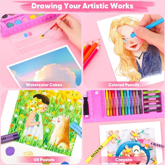 149 Pieces Drawing Kit Painting Art Set Art Kits Gifts Box, Arts and Crafts for Kids Girls Boys, with Coloring Book, Crayons, Pastels, Pencils, Watercolor Pens (Pink) {6}