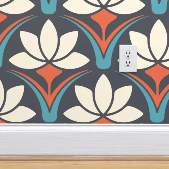 Pre-Pasted Wallpaper 2FT Wide Art Deco Retro Floral Geometric Lotus Nouveau 70S Groovy Boho Scandi Blue Custom Pre-pasted Wallpaper by Spoonflower {4}