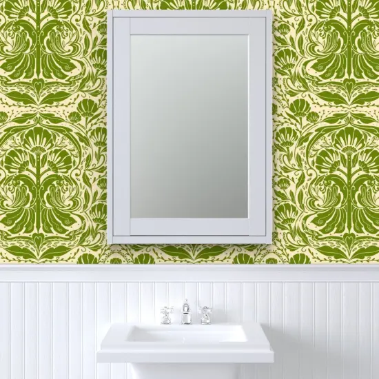 Peel & Stick Wallpaper 2FT Wide Green Yellow Nature Birds Victorian Summer Damask Olive Baroque Chinoiserie Rococo Art Nouveau Large Scale Custom Removable Wallpaper by Spoonflower {6}