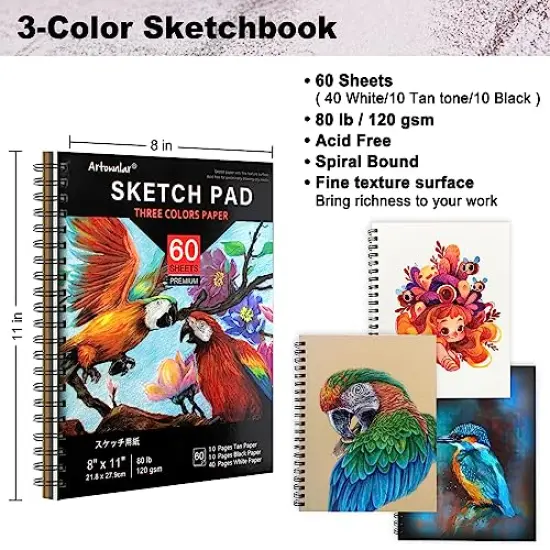 Artownlar 72 Pack Drawing Sketching Set with 8x11" Sketchbook | Pro Art Supplies Kit for Artist Adults Teens Beginner | Tutorial, Graphite Charcoal, Watercolor & Metallic Colored Pencils in Gift Case. {3}