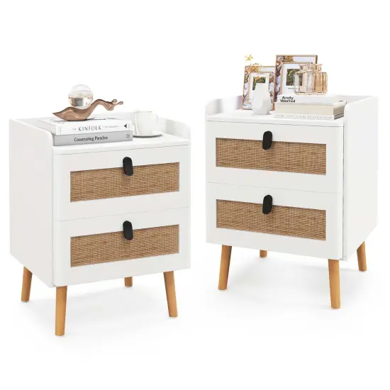 Costway Modern Nightstand End Bedside Table with 2 Rattan Drawers & Solid Wood Legs White {2}