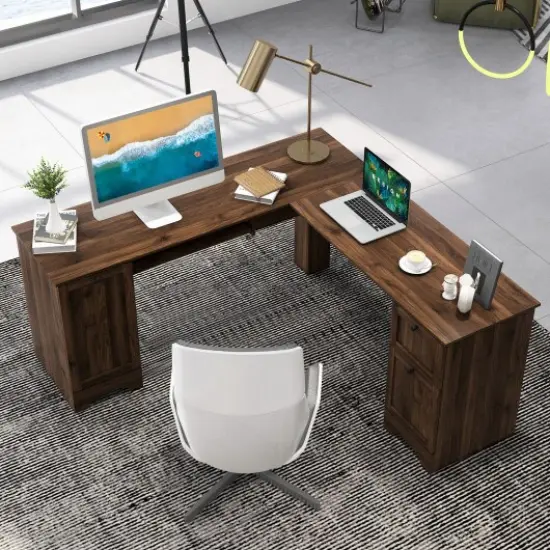 L-Shaped Office Desk with Storage Drawers and Keyboard Tray Walnut {2}