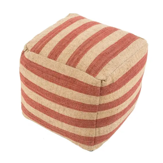 Jaipur Living 16" Clay Red and Sandy Tan Stripe Pattern Jute and Wool Pouf Ottoman {1}