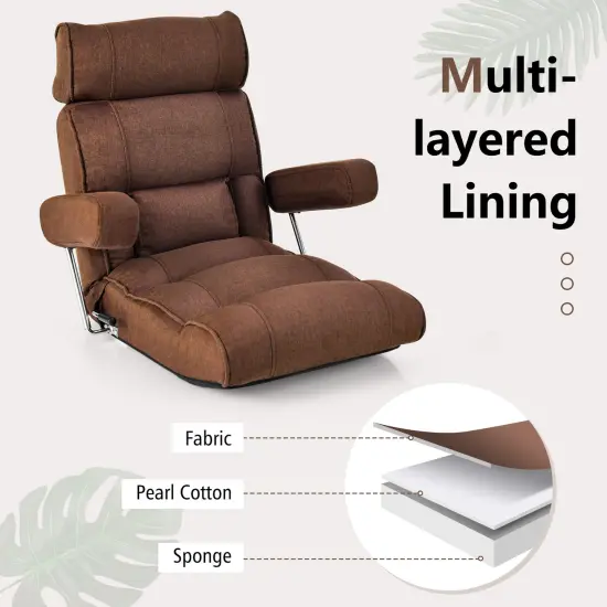 Foldable Floor Sofa Chair with 6-Position Adjustable Headrest and Metal Frame Brown {6}