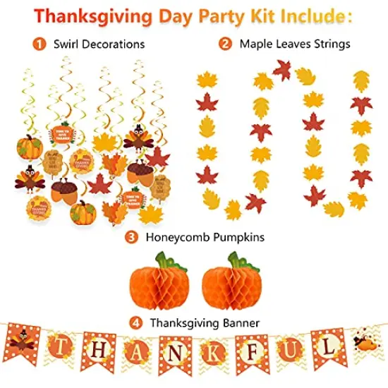 Thanksgiving Decorations 40 PCS, Pre-Assembled Thanksgiving Banner, Hanging Swirls, Fall Leaves Garland and Honeycomb Pumpkins for Thanksgiving Decor, Fall decor, Thanksgiving Decorations for Home {1}