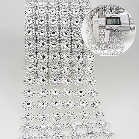 30Ft , 6 Rows Bling Rhinestone Diamond Flower Shape Mesh Ribbon Wrap,Storystore Silver Acrylic Bling Diamond Wrap Ribbon for Wedding, Cake, Vase Decorations, Party Supplies(1 Roll)(Silver Flower Shape) {5}