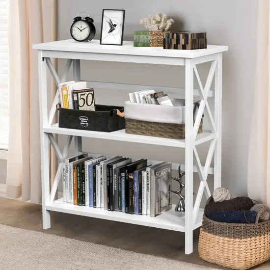 Costway Wooden Shelf Bookcase 3-Tier Open Bookshelf W/X-Design Freestanding Rack BlackBrownNaturalWhite {7}