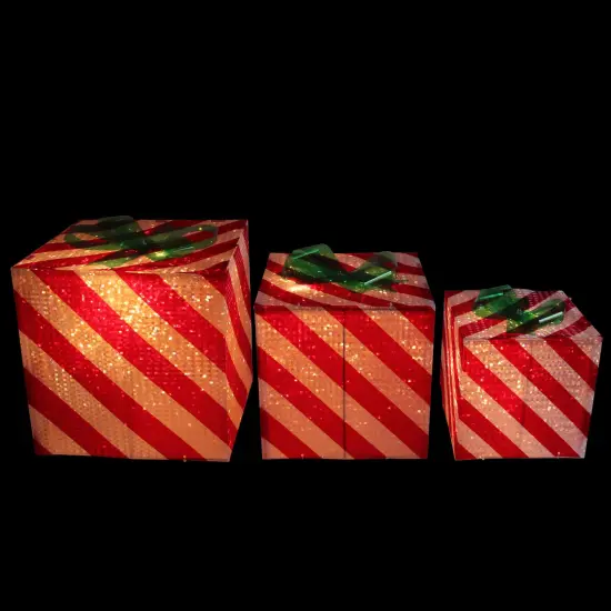 Northlight Lighted Candy Cane Striped Gift Box Outdoor Christmas Decoration - 12" - Red and White - Set of 3 {3}