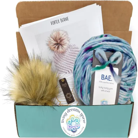 DIY Winter Hat Crochet Kit. Includes Bulky Superfine Merino Wool Yarn, Printed Pattern, Pom-Pom, Rim Tag. Soft, Cozy, Great for Gifts Lovebirds {1}