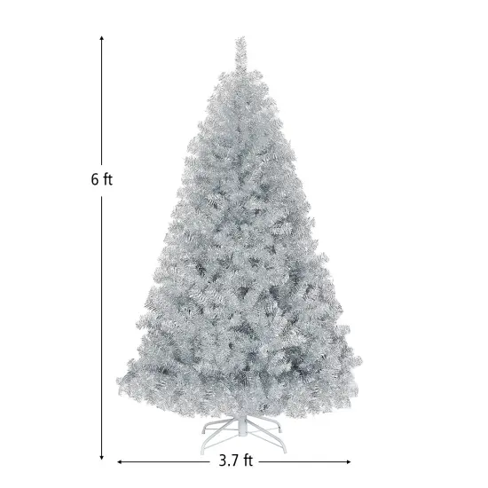 6 Feet Hinged Unlit Artificial Silver Shinny Christmas Tree with Metal Stand {4}