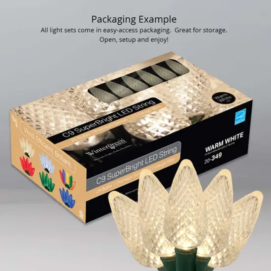 25 Warm White C9 LED Christmas Lights, Green Wire, 8" Spacing {6}