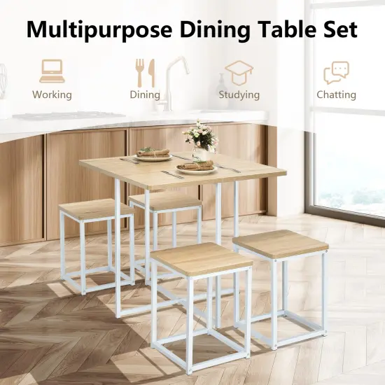 5 Pieces Metal Frame Dining Set with Compact Dining Table and 4 Stools Natural -White {5}