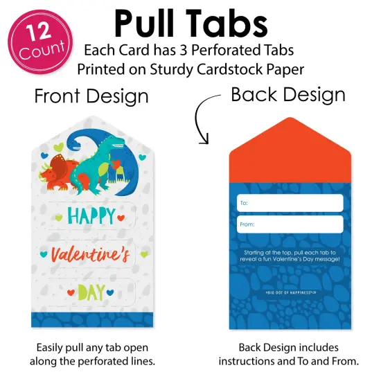 Big Dot of Happiness Roar Dinosaur - Dino Mite Trex Cards for Kids - Happy Valentine's Day Pull Tabs - Set of 12 {6}