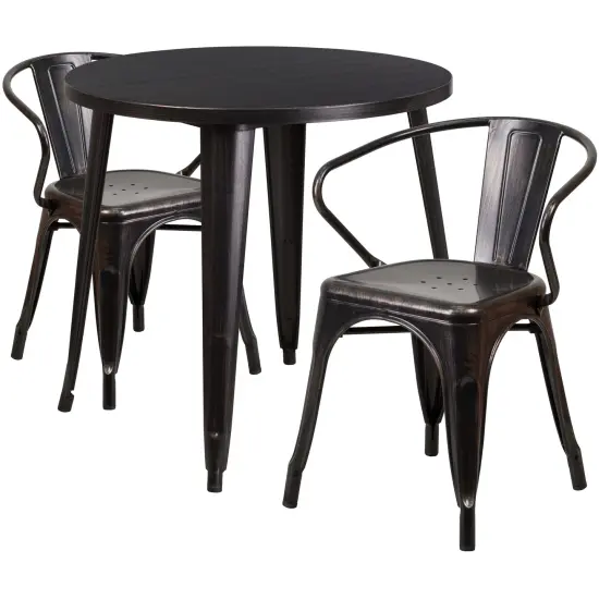 Emma and Oliver Commercial Grade 30" Round Metal Indoor-Outdoor Table Set with 2 Arm Chairs Black-Antique Gold {1}
