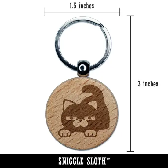Round Cat Stretching Engraved Wood Round Keychain Tag Charm {2}