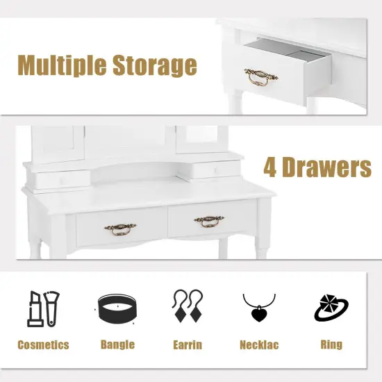 Simple Vanity Set with Tri-Folding Mirror Drawers and Storage Shelf White {5}