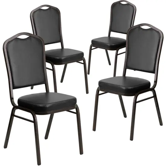 Emma and Oliver 4 Pack Crown Back Stacking Banquet Chair BlackVinyl/GoldVein {1}