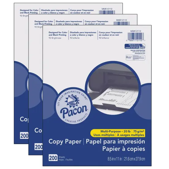 Multi-Purpose Paper, White, 20 lb., 8-1/2" x 11", 200 Sheets Per Pack, 3 Packs {1}