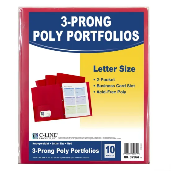 Two-Pocket Heavyweight Poly Portfolio Folder with Prongs, Red, 10 Per Pack, 2 Packs {3}