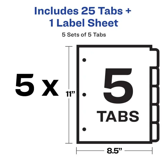 Avery 5 Big Tab Dividers for 3 Ring Binder, Easy Print & Apply Clear Label Strip, Index Maker Customizable White Tabs, 5 Sets (11492) {6}