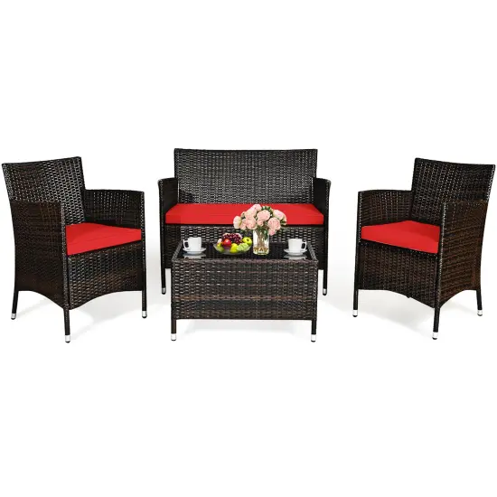 Costway 4PCS Rattan Patio Furniture Set Cushioned Sofa Chair Coffee Table {6}