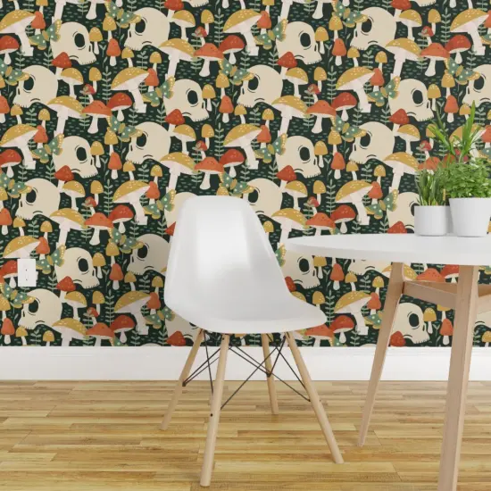 Pre-Pasted Wallpaper 2FT Wide Red Yellow Butterfly Woodland Gothic Skulls Moth Small Scale Custom Pre-pasted Wallpaper by Spoonflower {1}