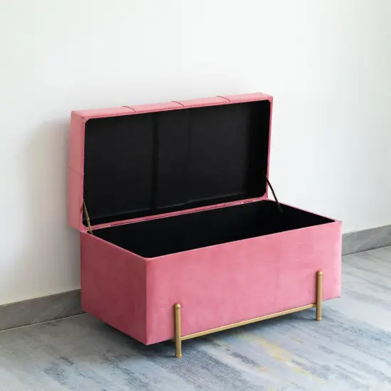 Large Rectangle Velvet Storage Ottoman Stool Box with Golden Legs | Decorative Sitting Bench for Living Room Home Decor with Cylindrical Golden Support Pink {3}