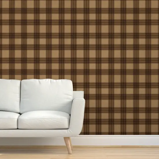 Pre-Pasted Wallpaper 2FT Wide Plaid Brown Antique Check Old Tartan Earth Tone Dark Academia Gingham Custom Pre-pasted Wallpaper by Spoonflower {5}