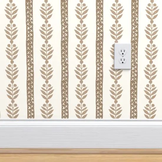 Pre-Pasted Wallpaper 2FT Wide Botanical Stripe Brown Floral Neutral Leaf Traditional Classic Block Print Custom Pre-pasted Wallpaper by Spoonflower {4}