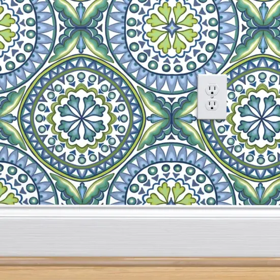 Peel & Stick Wallpaper 2FT Wide Green Blue Ocean Italian Italy Tile Sicily Sicilian Rosette Mandalas Modern Mosaic Geometric Coastal Large Scale Custom Removable Wallpaper by Spoonflower {4}