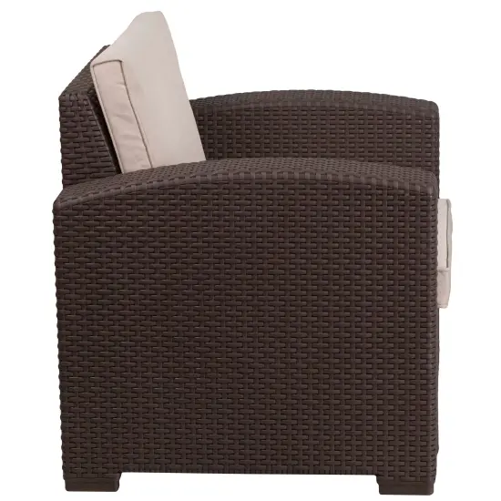 Merrick Lane Malmok Outdoor Furniture Resin Chair Faux Rattan Wicker Pattern Patio Chair With All-Weather Cushion Chocolate Brown {5}